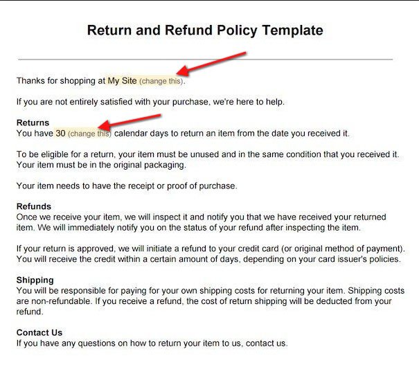 Screenshot from Return/Refund Policy Template: Update information