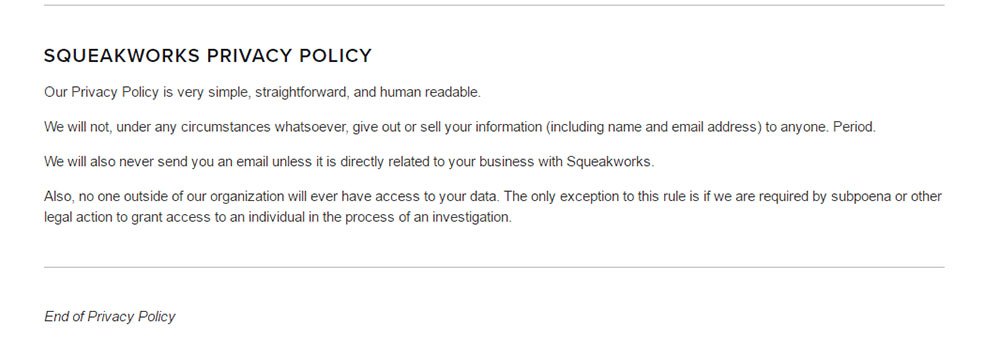 Privacy Policy if Squeakworks is short and simple