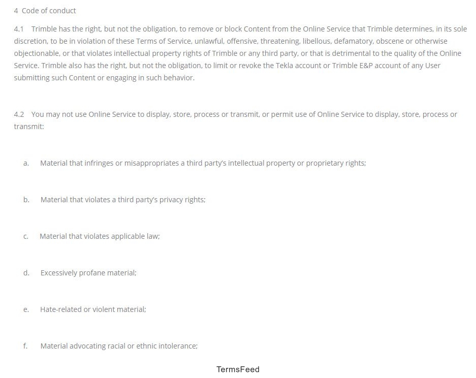 Tekla Terms & Conditions: Objectionable Content clause