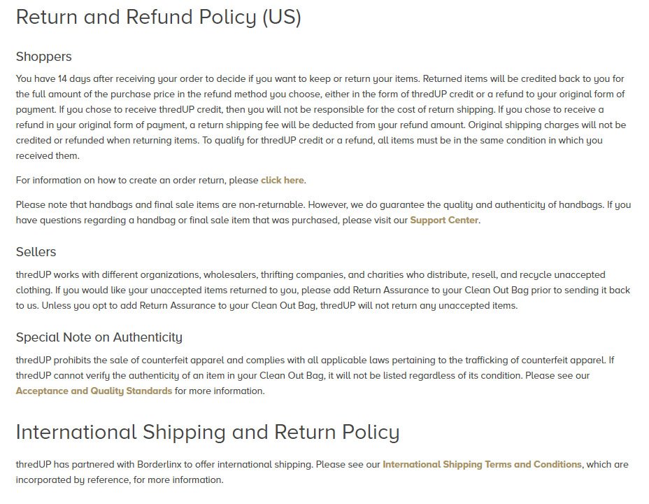 thredUP: Return &amp; Refund Policy inside Terms &amp; Conditions screenshot
