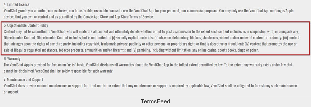 Vendchat Terms & Conditions: Clause of Objectionable Content