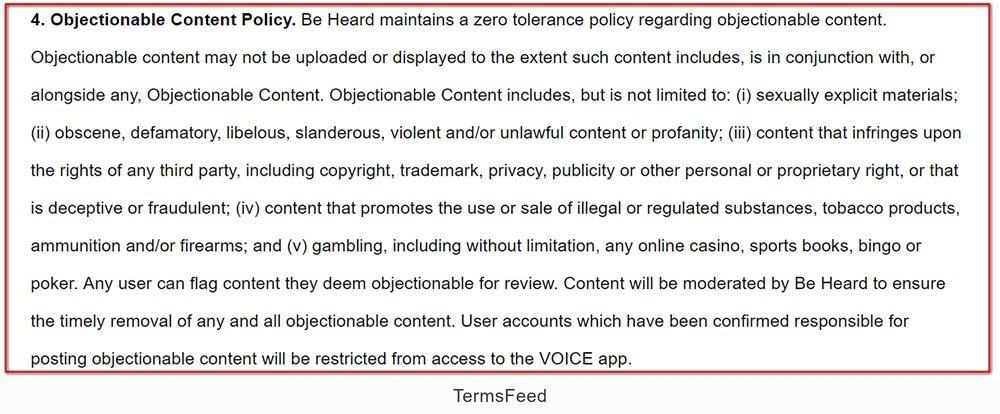 Objectionable Content Policy in the Terms of Use for Voice the App