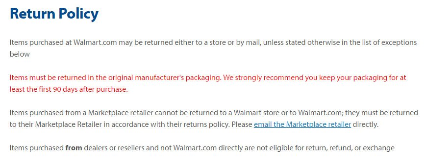 Walmart Return Policy: Original packaging as a return conditions