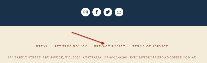 Wide Open Road Coffee website footer: Link to Privacy Policy