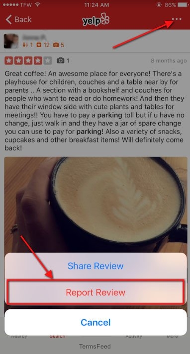 Yelp iOS Report button to report Objectionable review