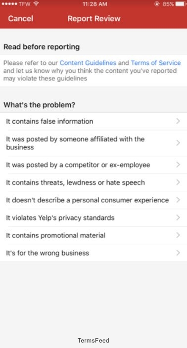 Yelp iOS Reporting Objectionable Content: Choose a reason