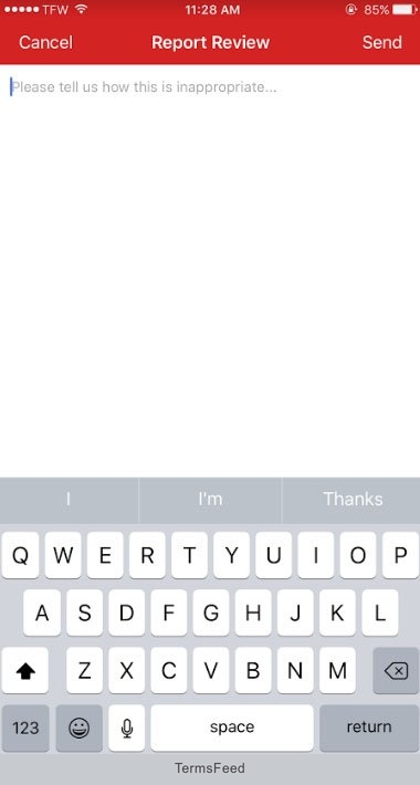 Yelp iOS Reporting Objectionable Content: Enter message why the review is inappropriate
