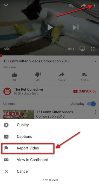 YouTube iOS: Report button for objectionable video content