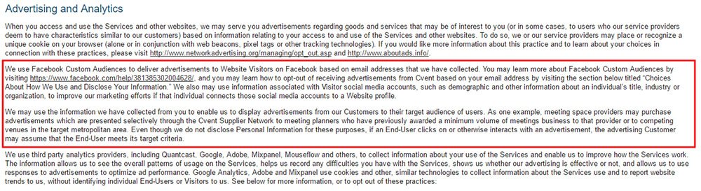 Cvent Privacy Policy: Advertising and Analytics section on Facebook Retargeting Custom Audiences