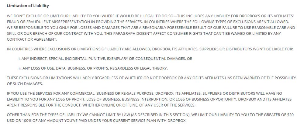 Dropbox Terms of Service: Limitation of Liability