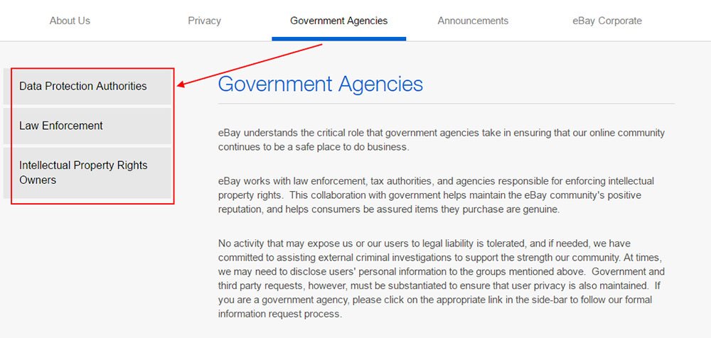 Example of Government Agencies section from eBay Privacy Center