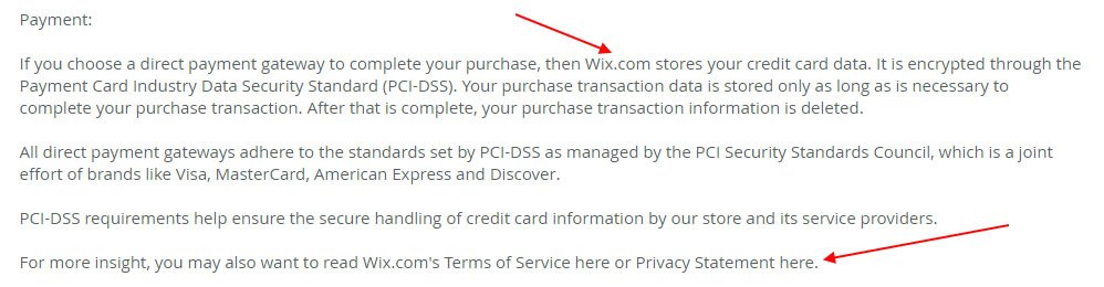 Privacy Policy of Farm to Fork: Payment information section includes Wix references