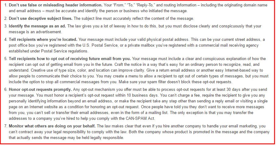 List of requirements for CAN-SPAM compliance from the FTC