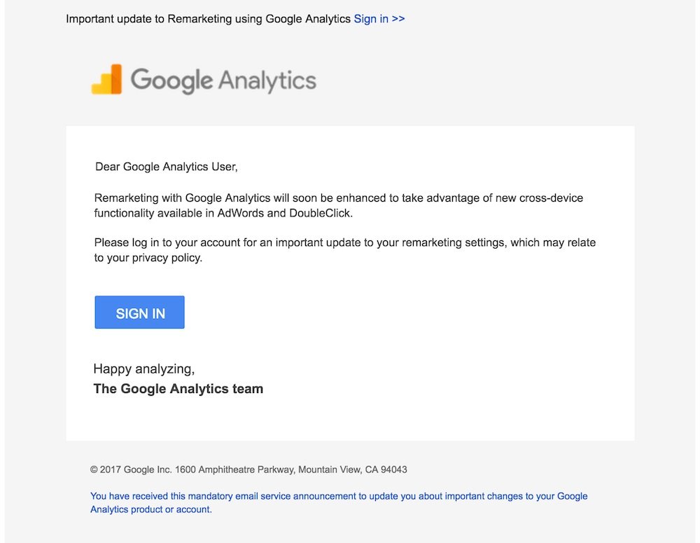 Email in May 2017 from Google Analytics on Cross-Device Remarketing Update