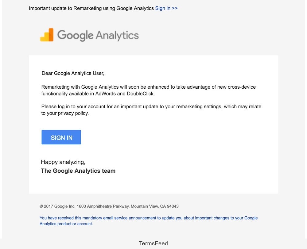 Email in May 2017 from Google Analytics on Cross-Device Remarketing Update