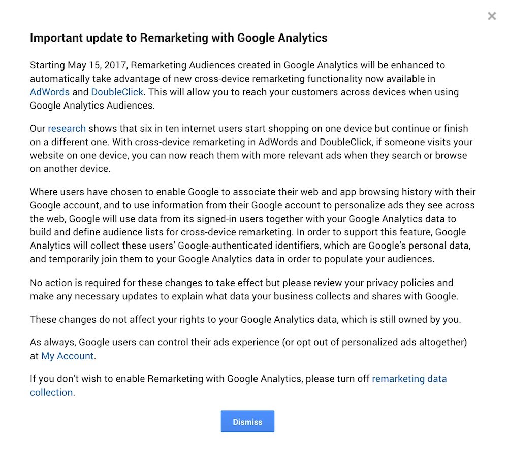 Important update to Remarketing with Google Analytics in May 2017