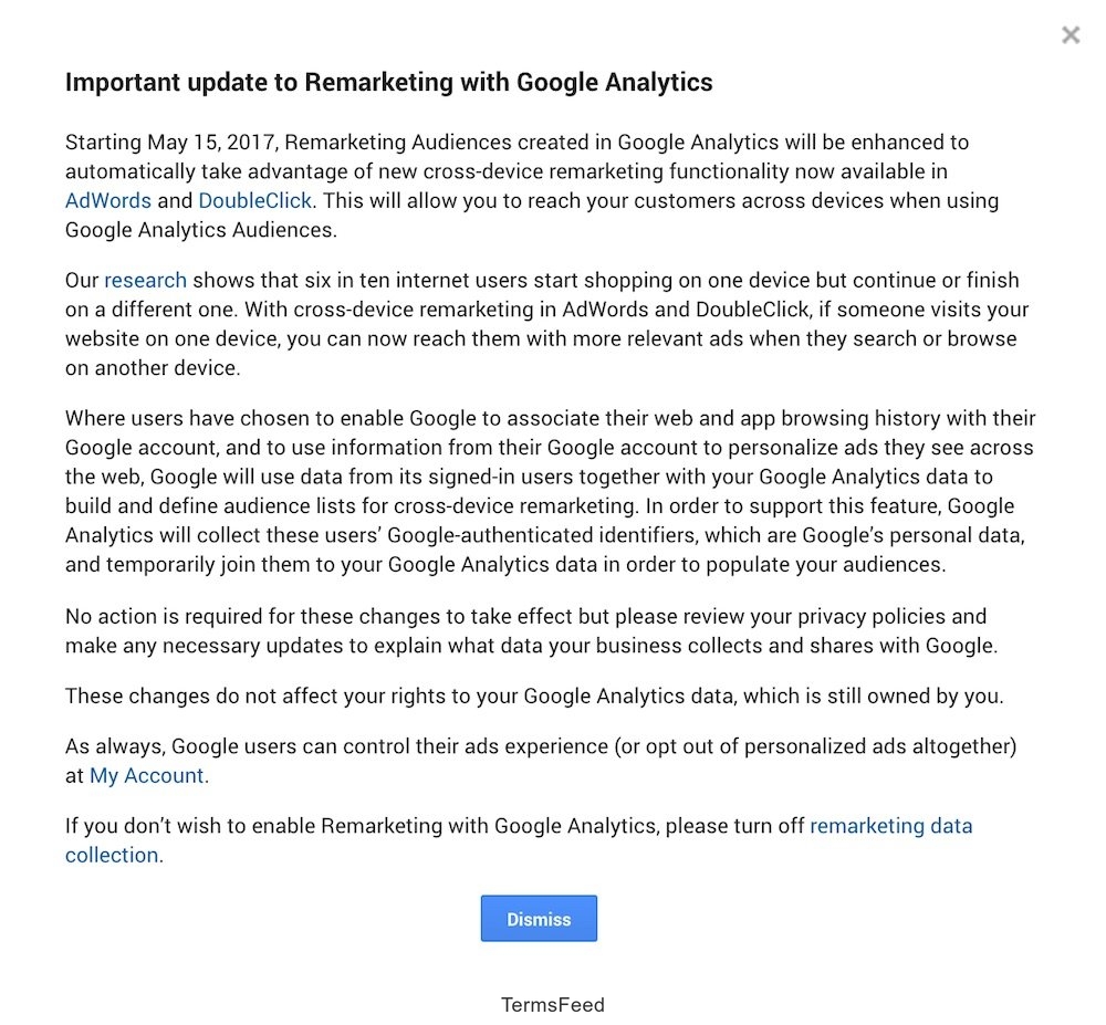 Important update to Remarketing with Google Analytics in May 2017