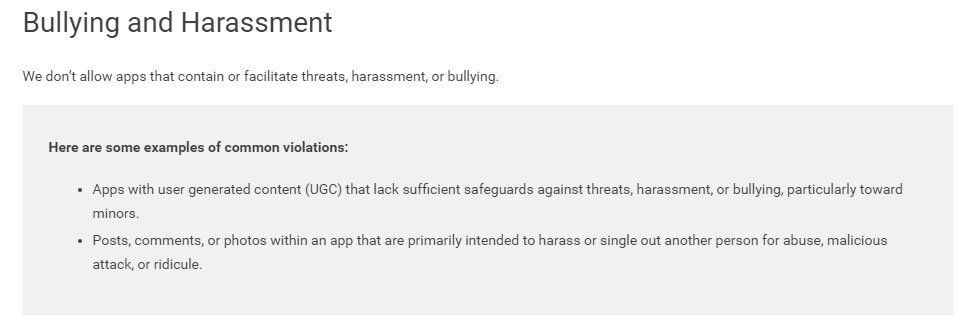 Google Play Store User-Generated Content Policy: Bullying and Harassment