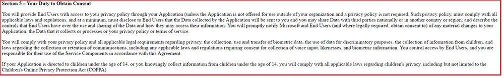 Microsoft Bot Framework Services Agreement Section 5 on Privacy Policy