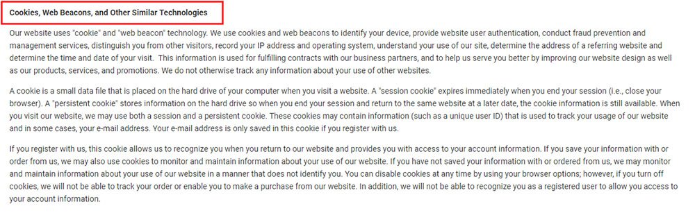 Sleep Train Privacy Policy: Cookies Section on Retargeting