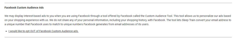 Sleep Train Privacy Policy: Section on Facebook Custom Ads retargeting