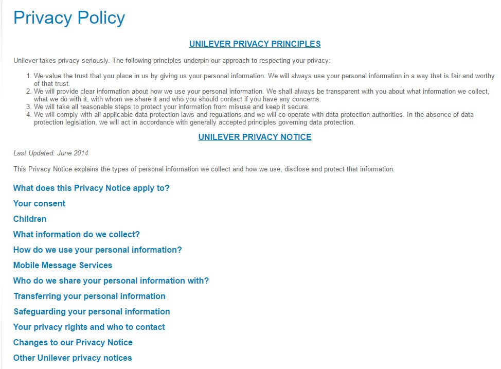 Unilever Privacy Center: Privacy Policy Page with Headings and Links