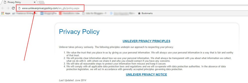 Unilever Privacy Center: the Privacy Policy URL