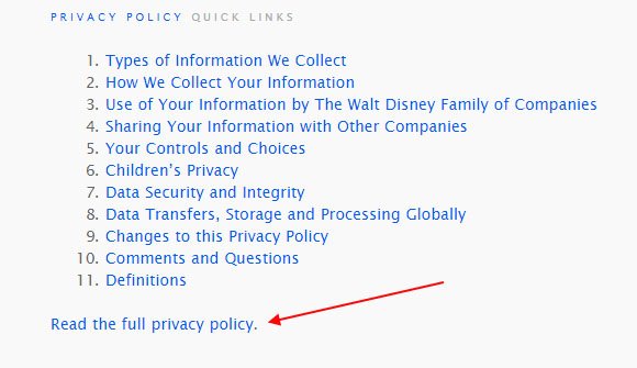 Walt Disney Privacy Center: The Read the full Privacy Policy link