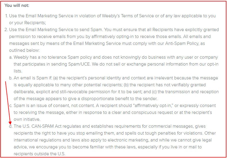 Weebly Terms of Service: The Comply with CAN-SPAM clause