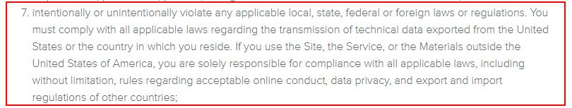 Weebly Terms of Service: Solely responsible for compliance screenshot