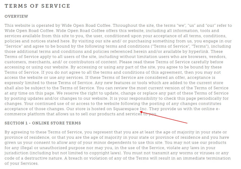 Wide Open Road, a Squarespace website, Terms of Service: Reference to Squarespace