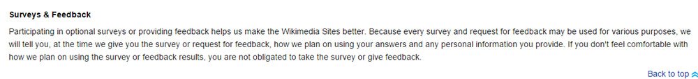 Privacy Policy of Wikipedia: Reference to Surveys