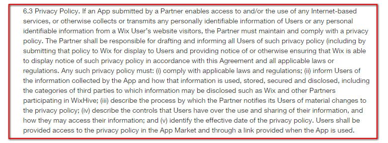 Wix Developers Partners Agreement, Section 6.3: Privacy Policy