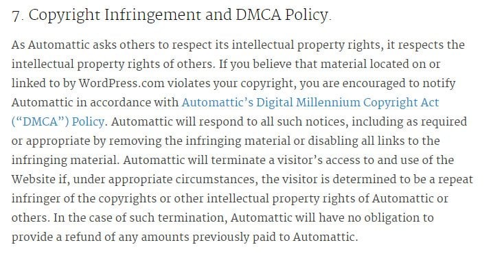 WordPress Terms of Service: Copyright Infringement and DMCA Policy