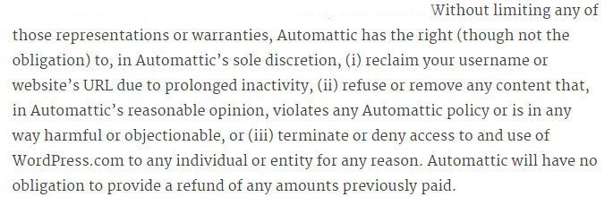 WordPress Terms of Service: Remove Objectionable Content clause