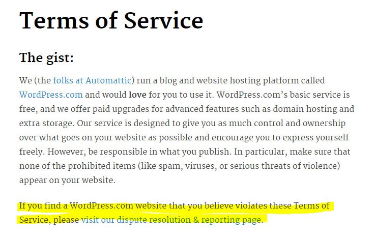 WordPress Terms of Service: Report link