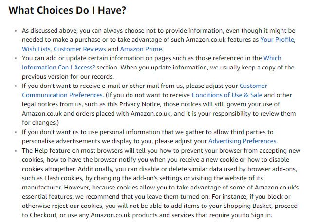 Amazon UK Privacy Policy: What choices do I have