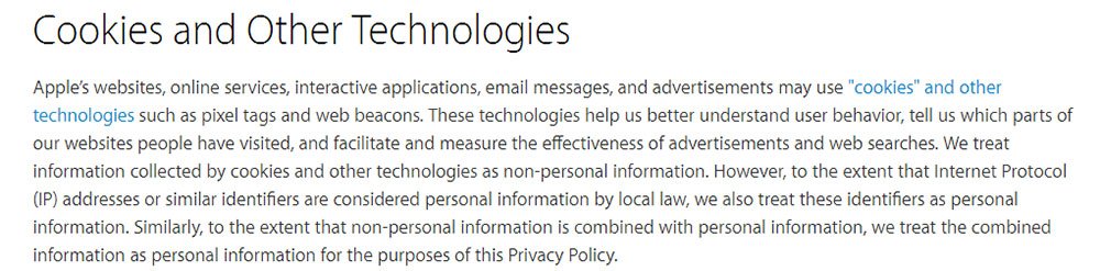 Apple Privacy Policy: Cookies and Other Technologies clause