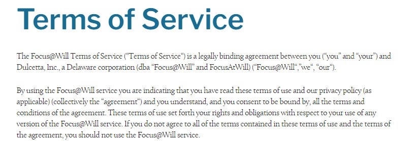 Focus@Will Terms of Service: Introduction and acceptance clause