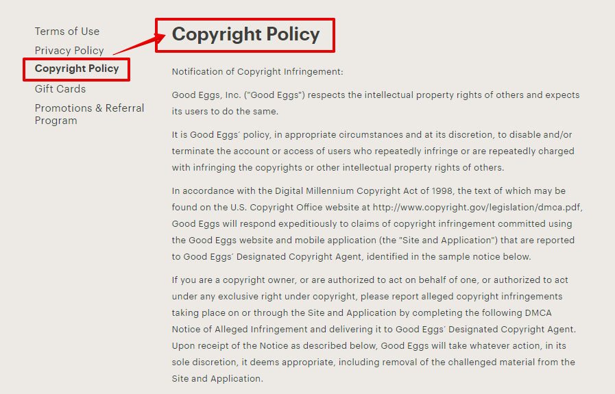 Good Eggs Store: Screenshot of Copyright Policy page