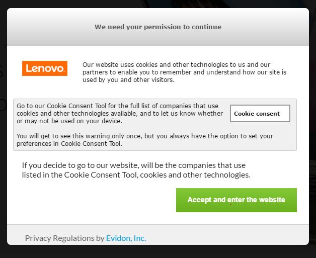 Lenovo Netherlands website: Cookies Permission Dialog