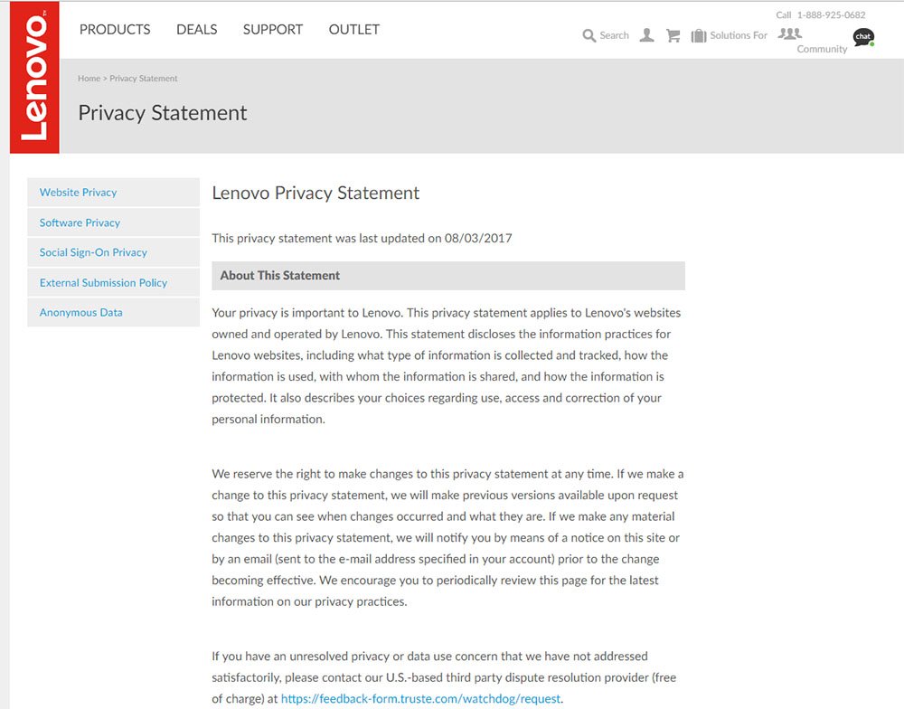Screenshot of Lenovo US Privacy Policy