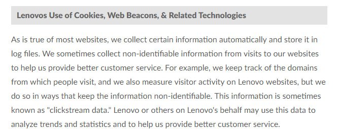 Lenovo US Privacy Policy: Use of Cookies, Web Beacons and Related Technologies clause