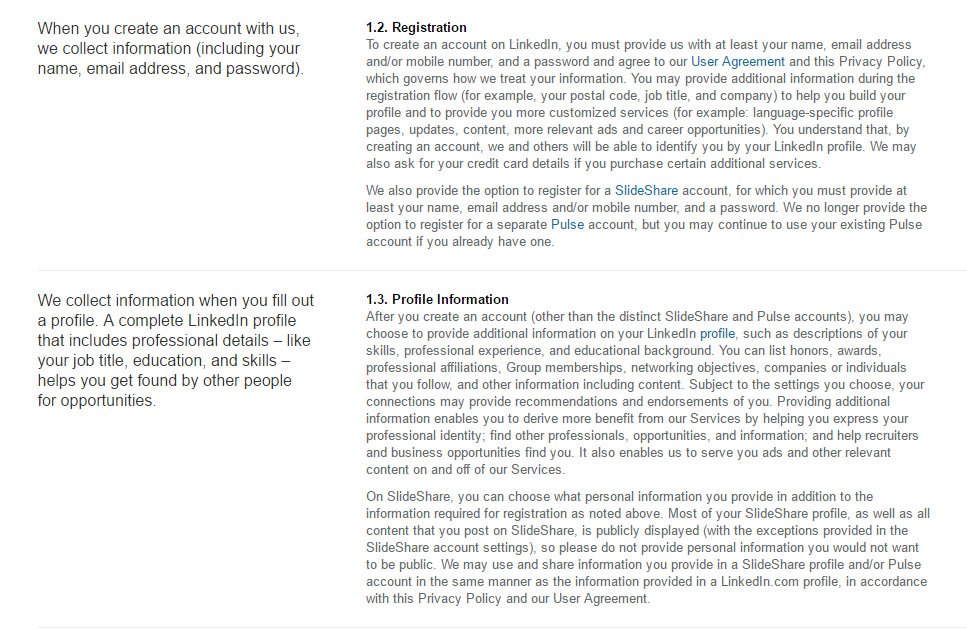 LinkedIn Privacy Policy: Information we collect as a list