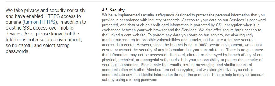 LinkedIn Privacy Policy: Security clause