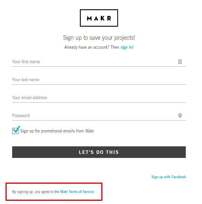 Makr sign-up page: By signing-up you agree to Terms of Service (example of clickwrap)