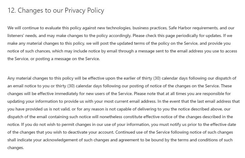 Pandora Privacy Policy: Changes to our Privacy Policy clause