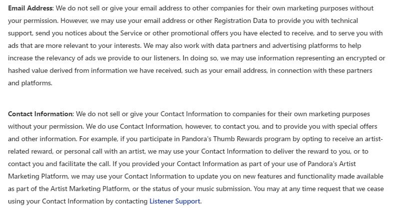 Pandora Privacy Policy: How we use information with additional information