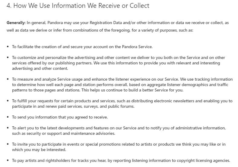 Pandora Privacy Policy: How we use information clause