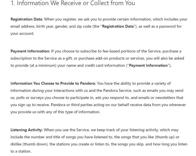 Pandora Privacy Policy: Information we collect as a list